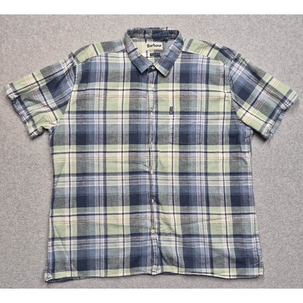 Barbour Shirt Mens XL Blue Plaid Linen Blend Short Sleeve Button Down Classic